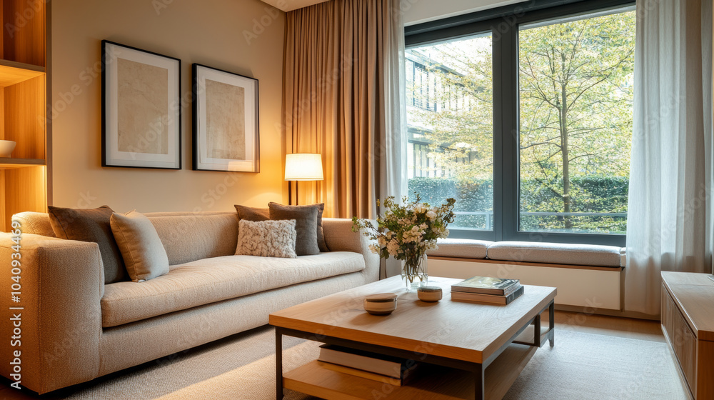 A cozy living room featuring beige sofa, wooden coffee table, and large windows showcasing serene outdoor view. warm lighting and soft decor create welcoming atmosphere A cozy living room featuring beige sofa, wooden coffee table, and large windows showcasing serene outdoor view. warm lighting and soft decor create welcoming atmosphere