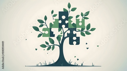 Puzzle Pieces Assembling to Form a Symbolic Tree Representing Growth Potential and Sustainable Development  Flat Design on White Background