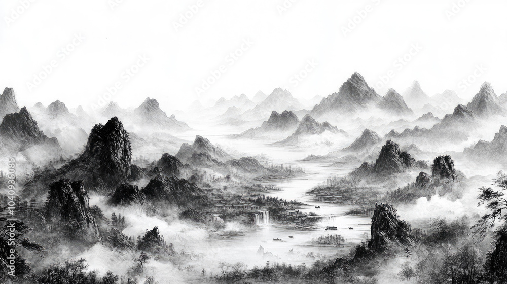 Obraz premium Chinese style black and white landscape painting