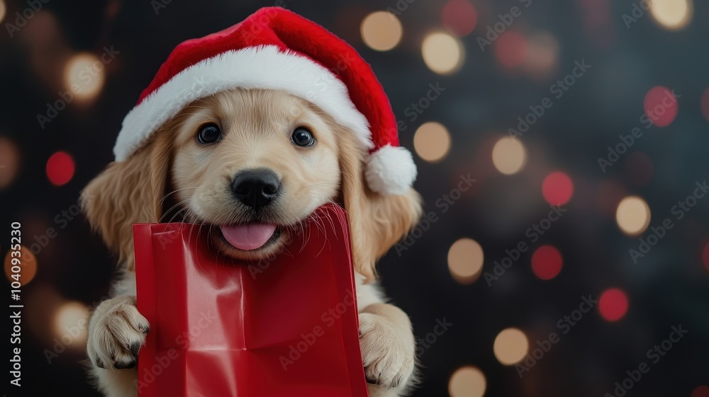 Portrait of puppy Golden Retriever dog holding a shopping bag in its mouth on studio background in christmas day,shopping bags ready for discount and winter sale at the mall,space for text.