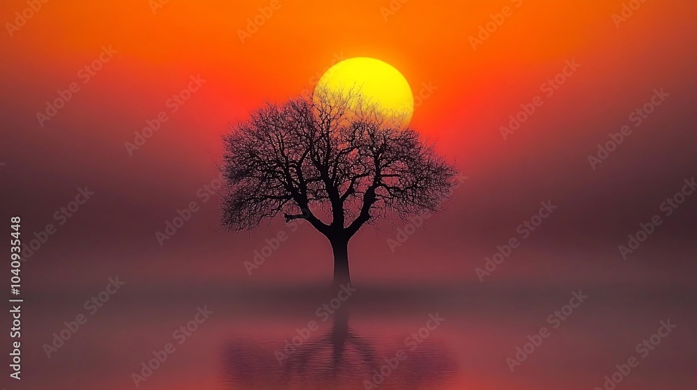 Fototapeta premium A lone tree stands silhouetted against a vibrant sunset, its reflection mirrored in the water below.