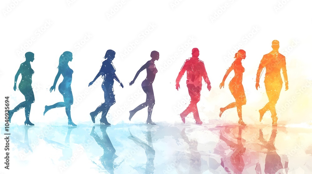 Obraz premium Human Silhouette Expanding into Multiple Figures Symbolizing Personal Growth Transformation and Limitless Potential Flat Design on White Background
