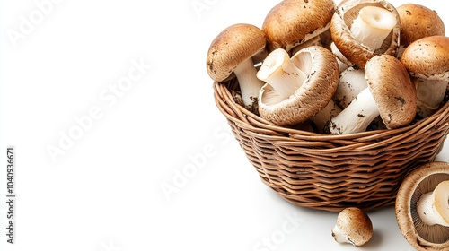 A wicker basket overflowing with fresh, brown mushrooms, set against a clean white background.