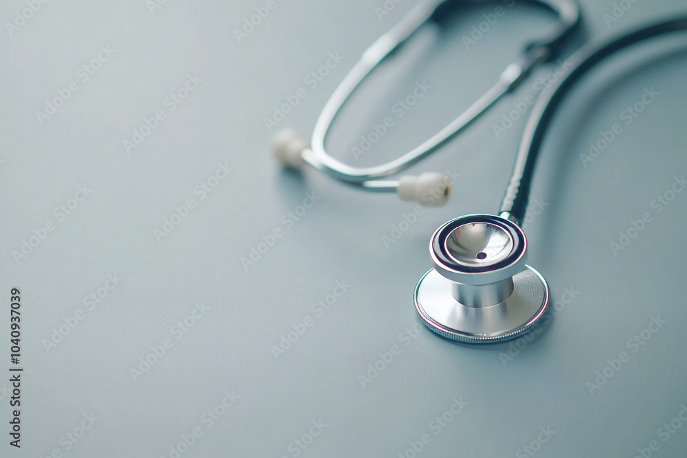 A close up view of silver stethoscope resting on smooth, light blue surface, symbolizing healthcare and medical professionalism. stethoscopes shiny finish reflects light, adding touch of elegance to m A close up view of silver stethoscope resting on smooth, light blue surface, symbolizing healthcare and medical professionalism. stethoscopes shiny finish reflects light, adding touch of elegance to m