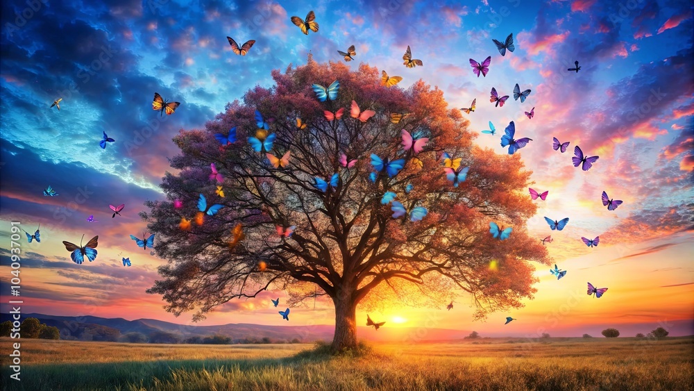 A solitary tree silhouetted against a vibrant sunset, adorned with a flurry of colorful butterflies, evokes a sense of wonder and tranquility.