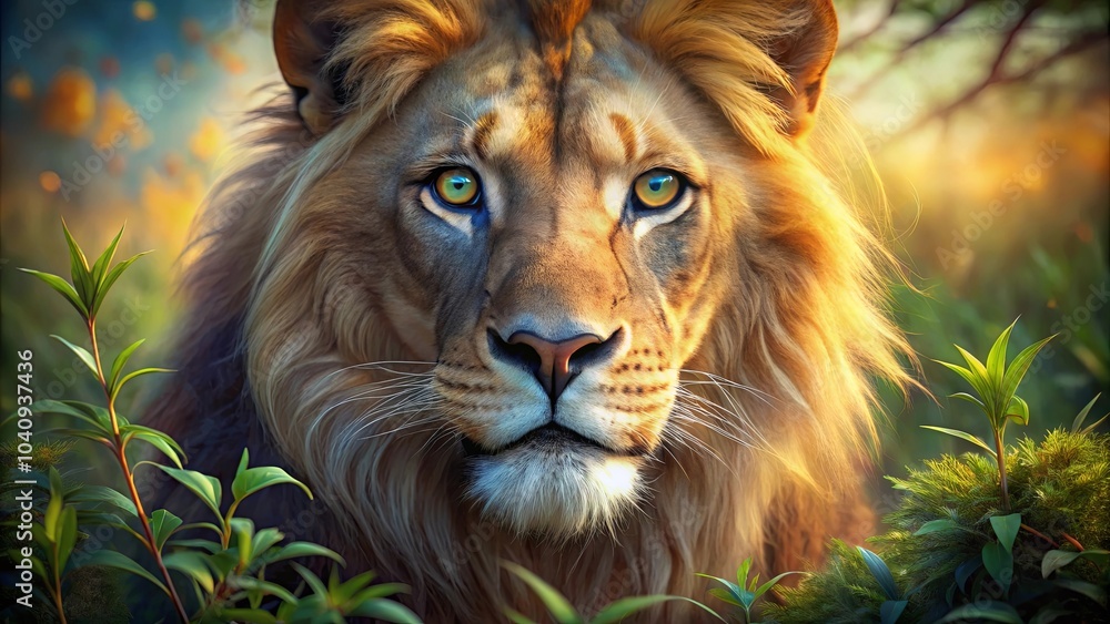 Fototapeta premium A Majestic Lion Gazes Through the Lush Green Foliage, Its Golden Mane Bathed in the Warm Glow of the Setting Sun