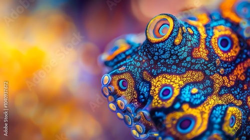 Macro shot of a blue-ringed octopus tentacle, vibrant colors, hyper-detailed texture