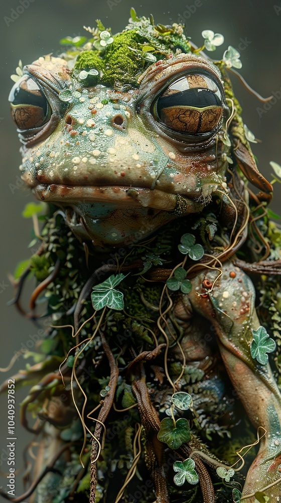 Close-Up of a Frog Covered in Vines and Moss Close-Up of a Frog Covered in Vines and Moss
