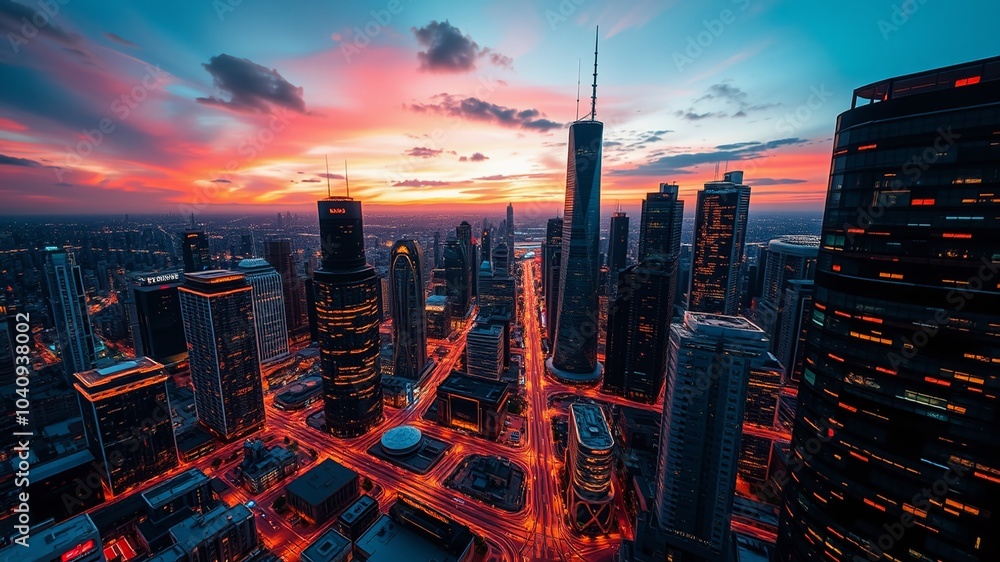 Fototapeta premium A futuristic cityscape at dusk is illuminated by a network of interconnected nodes and servers, surrounded by a