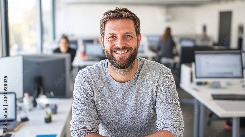A smiling man with beard sits confidently at modern office desk, surrounded by computers and colleagues. His cheerful demeanor adds positive vibe to workspace A smiling man with beard sits confidently at modern office desk, surrounded by computers and colleagues. His cheerful demeanor adds positive vibe to workspace