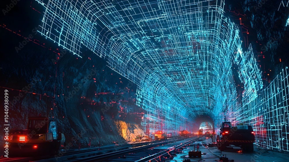 Fototapeta premium Futuristic underground subway tunnel construction site with holographic grids and real time digital plans projected in the work zone