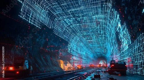 Fototapeta Naklejka Na Ścianę i Meble -  Futuristic underground subway tunnel construction site with holographic grids and real time digital plans projected in the work zone