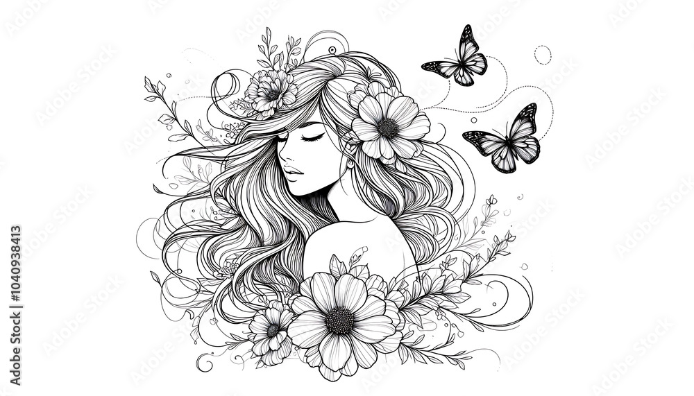 Fototapeta premium Elegant Woman with Flowers and Butterflies Illustration