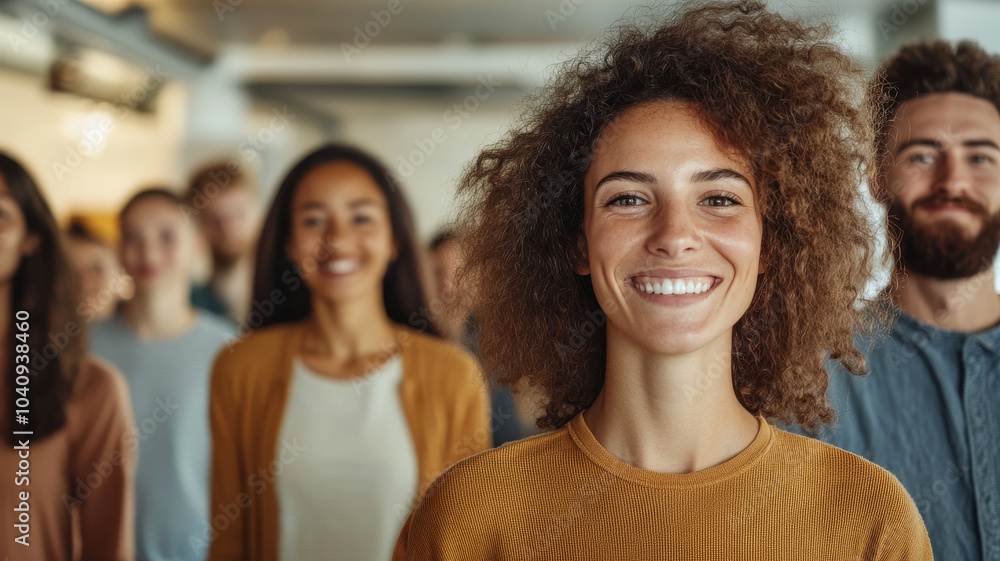 Smiling woman in group of diverse people, showcasing happiness and connection. atmosphere is warm and inviting, reflecting sense of community and togetherness Smiling woman in group of diverse people, showcasing happiness and connection. atmosphere is warm and inviting, reflecting sense of community and togetherness