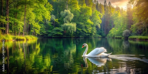 Fototapeta Naklejka Na Ścianę i Meble -  Serene White Swan Gliding Across a Tranquil Forest Lake, Nature Beauty, Wildlife Photography, Peaceful Scene, Reflection in Water, Natural Habitat, Outdoor Serenity, Birdwatching