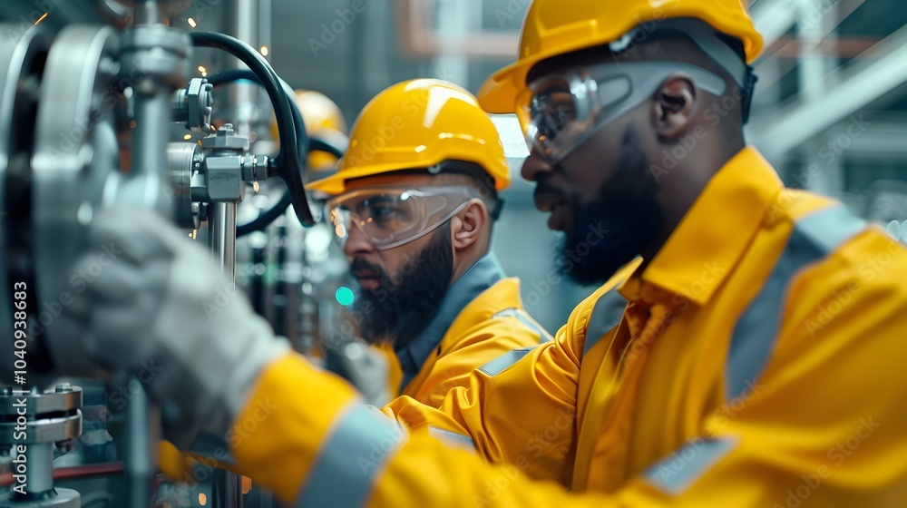A team of workers using welding equipment to join metal pipes at a gas processing plant  The workers are wearing protective safety gear such as helmets goggles