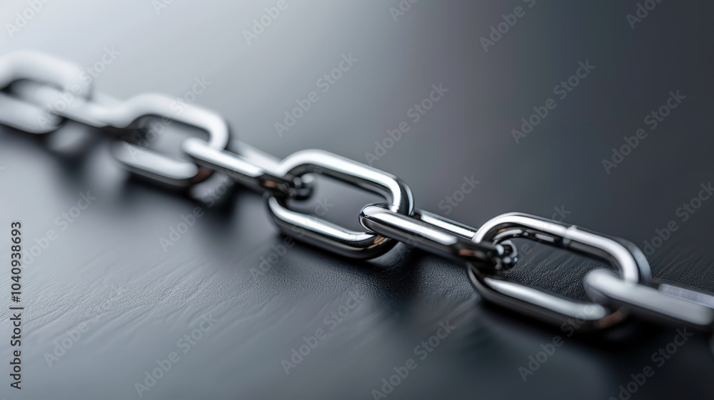 Fototapeta premium close up view of shiny metal chain links, showcasing their interconnection and strength. image highlights reflective surface and intricate details of chain, evoking sense of security and durability