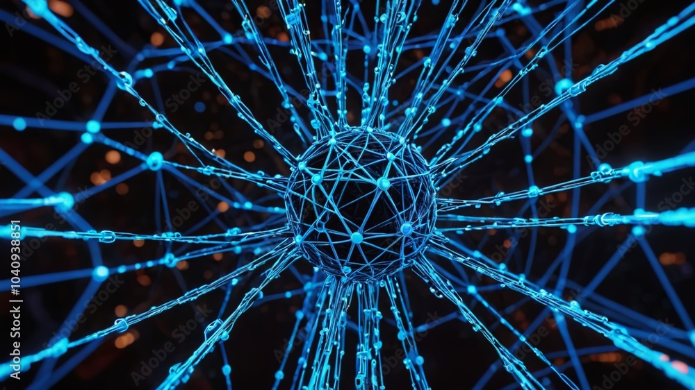 Obraz premium A futuristic, high-tech illustration featuring a sprawling network of interconnecting nodes, glowing with neon blue