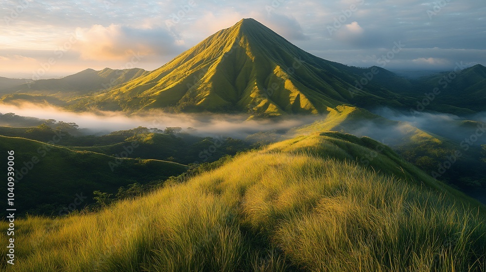 Obraz premium A majestic mountain peak with a rolling grassy hillside in the foreground, bathed in the soft light of dawn.