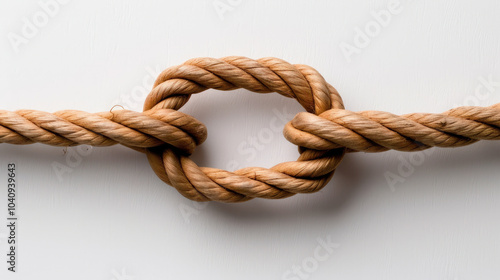 close up view of tightly tied knot made from natural fiber rope, showcasing intricate details and texture of material. knot symbolizes strength and connection