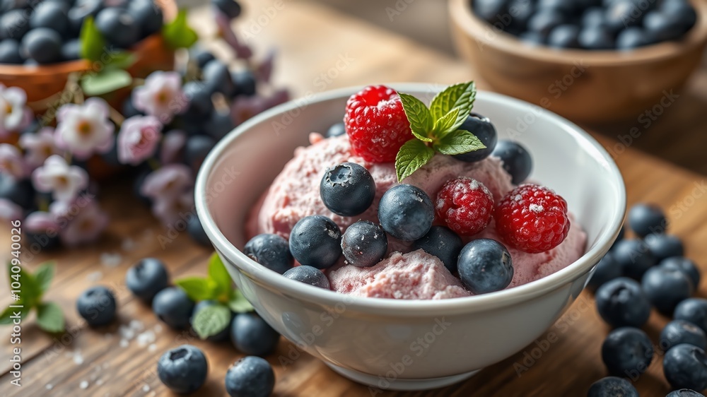Bowl of Blueberry Ice Cream with Fresh Berries - Summer Dessert Photography Bowl of Blueberry Ice Cream with Fresh Berries - Summer Dessert Photography