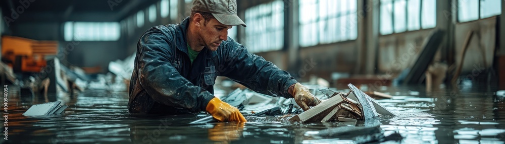 Worker Sorting Debris in Flooded Warehouse Amidst Natural Disaster Aftermath with Determination and Resilience Worker Sorting Debris in Flooded Warehouse Amidst Natural Disaster Aftermath with Determination and Resilience