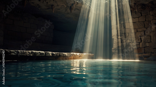 serene underground scene featuring tranquil water illuminated by soft rays of light filtering through rocky ceiling. atmosphere evokes sense of mystery and calmness
