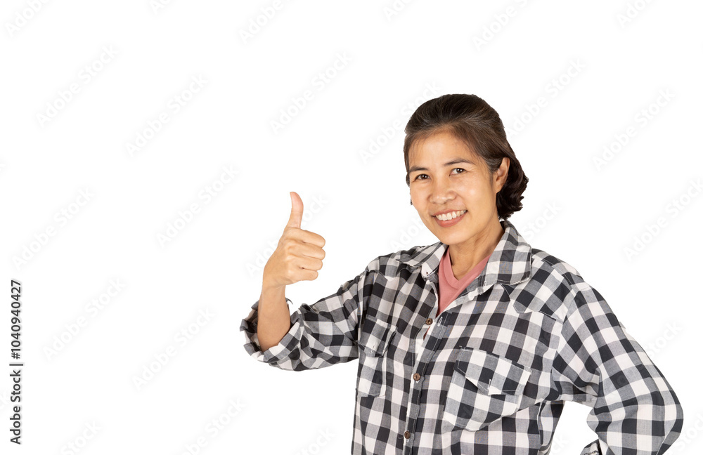 A smiling woman giving a thumbs-up gesture, expressing approval or positivity, set against a white background A smiling woman giving a thumbs-up gesture, expressing approval or positivity, set against a white background