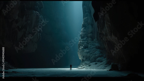 solitary figure stands in vast underground cave, surrounded by towering rock formations and illuminated by beam of light from above. atmosphere is mysterious and awe inspiring, evoking sense of