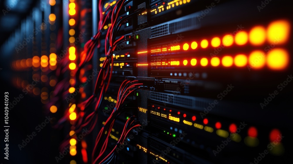 A close-up view of illuminated server racks and cables, showcasing a vibrant network environment with glowing lights and intricate wiring. A close-up view of illuminated server racks and cables, showcasing a vibrant network environment with glowing lights and intricate wiring.