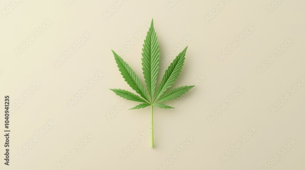 A single green cannabis leaf on a beige background. A single green cannabis leaf on a beige background.