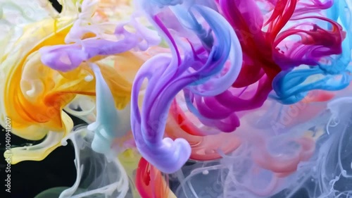 The slow motion of colored fluid ink dispersing in water create a mesmerizing swirl of watercolors, as the liquid flows in artistic patterns, blending vibrant colors like paint in an ethereal dance. photo