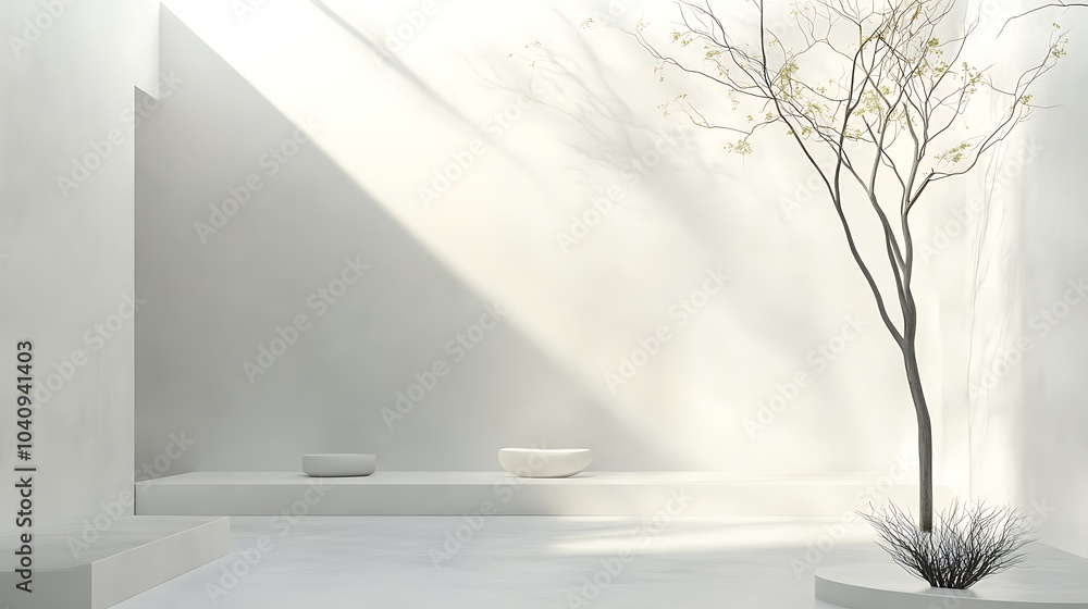Minimalist white room with a tree and sunlight. Minimalist white room with a tree and sunlight.