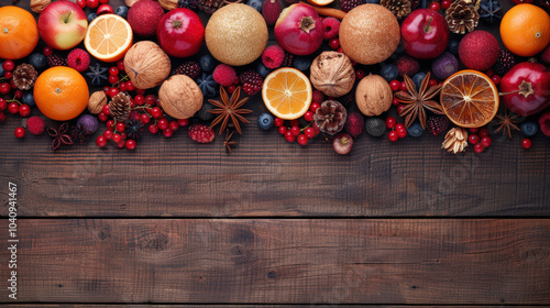 Festive holiday arrangement featuring fresh fruits, nuts, and spices, creating vibrant and colorful display perfect for seasonal celebrations