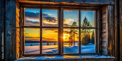 Stunning Silhouette Photography of a Sunset View through an Old Window in Sotkamo, Capturing Nature's Beauty with Warm Colors and Intricate Details for Tranquil Atmosphere photo