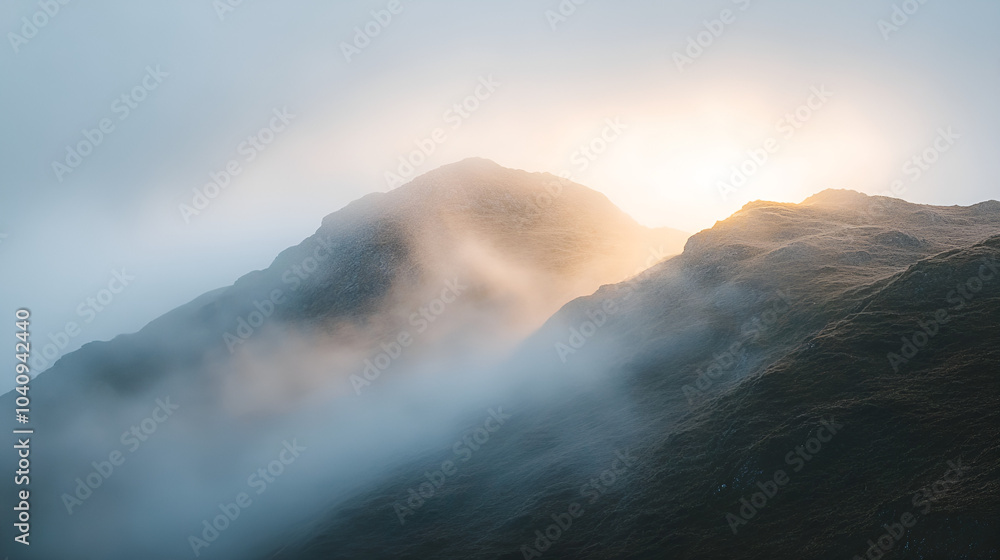 Soft mist over mountain peaks at dawn Soft mist over mountain peaks at dawn
