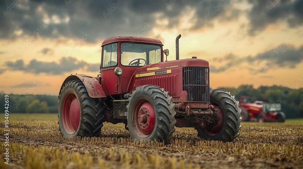 Fototapeta premium vintage tractor on a field, working alongside modern heavy machinery under a cloudy sky, contrast between old and new farming techniques