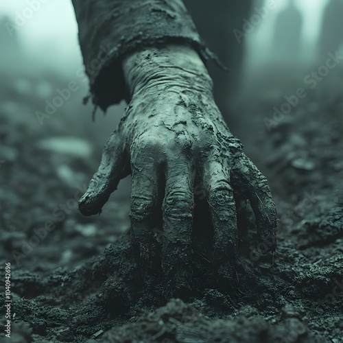 Chilling hand emerging from the soil in a misty graveyard creating a dark and foreboding supernatural atmosphere Spooky and unsettling scene evoking horror and the paranormal