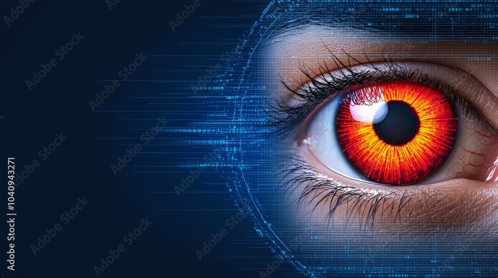 Captivating close-up of a digital eye with fiery red iris symbolizing advanced technology and futuristic vision Captivating close-up of a digital eye with fiery red iris symbolizing advanced technology and futuristic vision