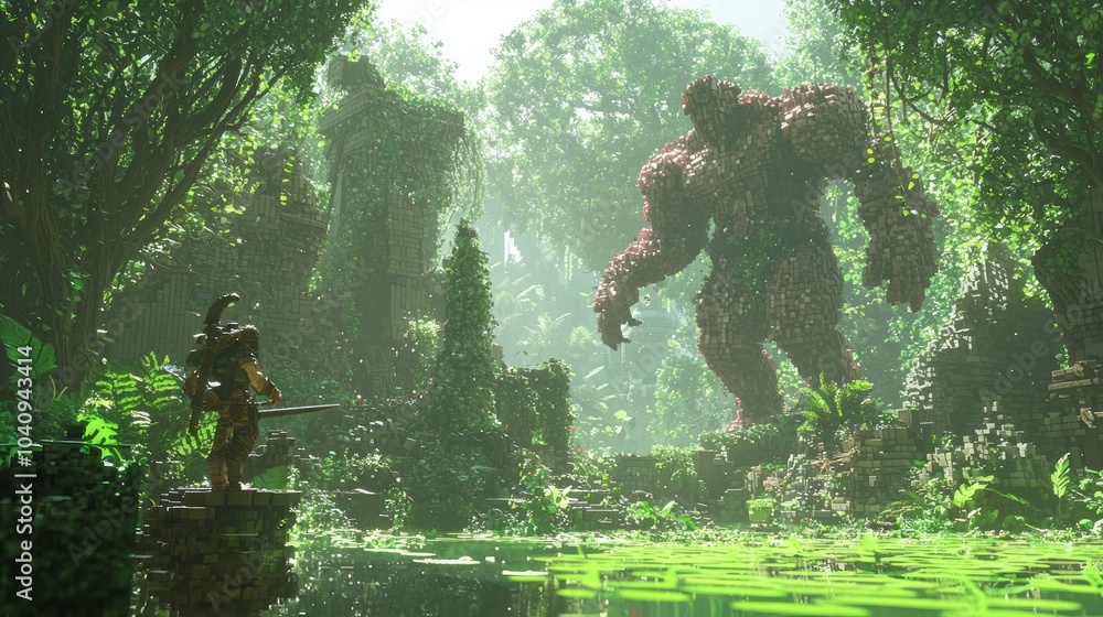 Epic Clash of Heroes and Digital Monsters in Pixelated Mythological Forest | 3D Render of Action-Packed Renaissance Illustration Epic Clash of Heroes and Digital Monsters in Pixelated Mythological Forest | 3D Render of Action-Packed Renaissance Illustration