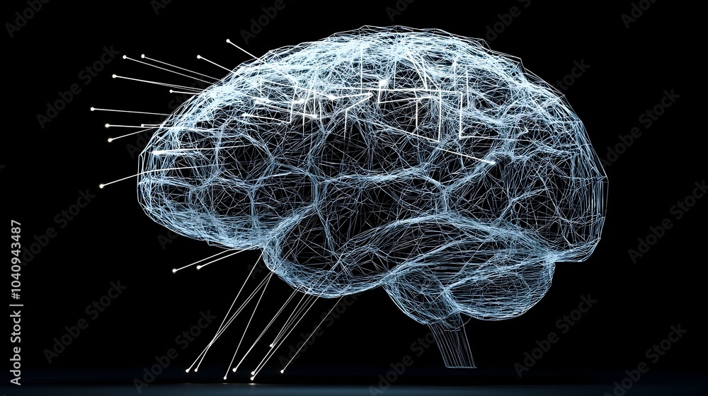Stylized glowing mesh brain with neon light escaping representing the visualization of breakthrough ideas technological innovation and the interconnected nature of the mind and digital realms Stylized glowing mesh brain with neon light escaping representing the visualization of breakthrough ideas technological innovation and the interconnected nature of the mind and digital realms