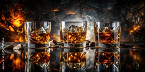 Three Glasses of Whiskey on the Rocks Against a Dark Background - Elegant Beverage Photography for Whiskey Lovers, Nighttime Sipping, and Bar Aesthetics