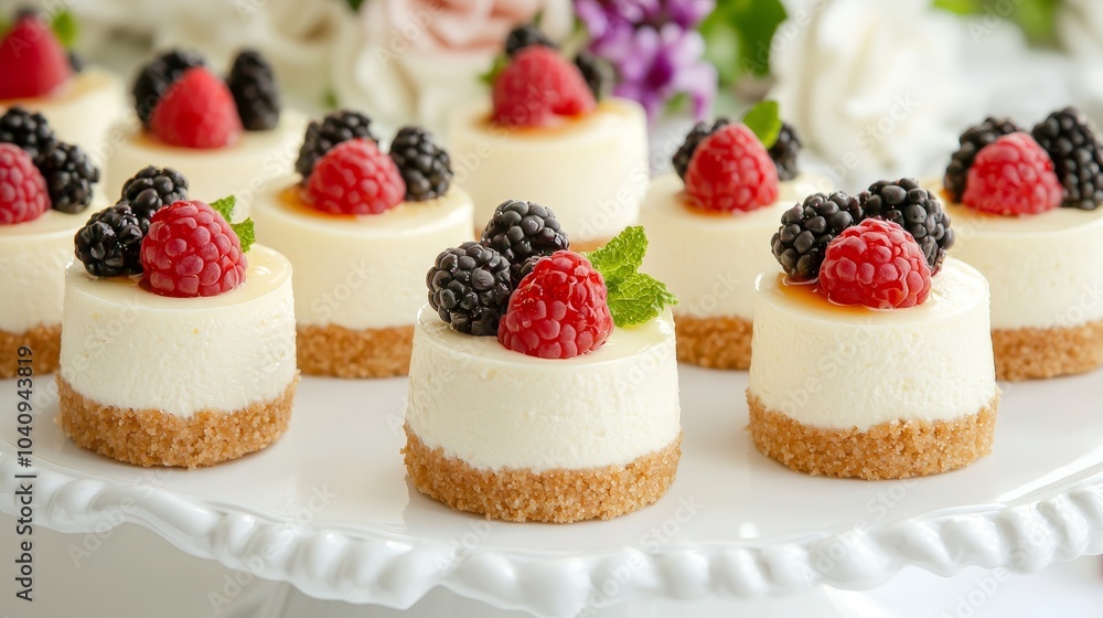 Delicious Mini Cheesecakes with Berries on Display Delicious Mini Cheesecakes with Berries on Display
