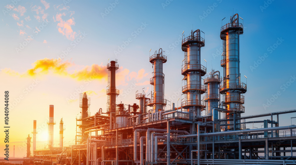Industrial refinery at sunset with gas flaring, showcasing towering structures and pipes against vibrant sky. scene captures essence of energy production and industrial activity Industrial refinery at sunset with gas flaring, showcasing towering structures and pipes against vibrant sky. scene captures essence of energy production and industrial activity