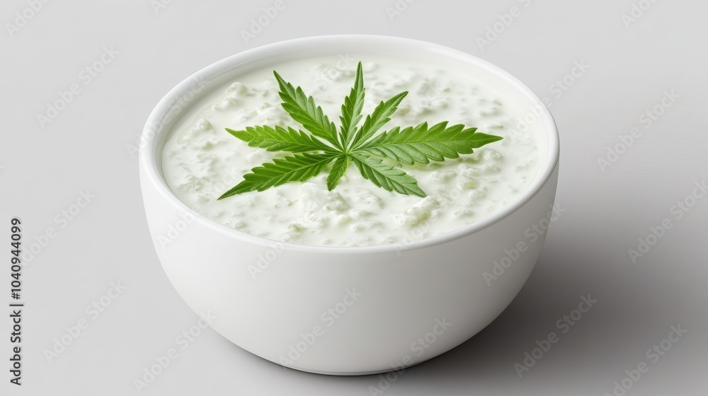 A white bowl of cannabis-infused yogurt topped with a marijuana leaf. A white bowl of cannabis-infused yogurt topped with a marijuana leaf.