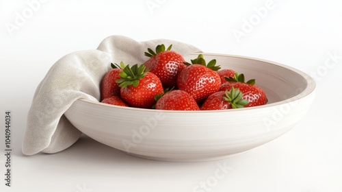 A white bowl filled with fresh, red strawberries, partially covered with a white cloth, isolated on a white background.