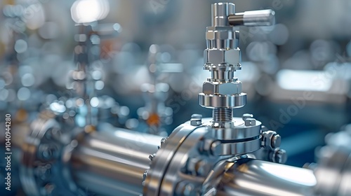 Oil and gas workers inspecting and maintaining a large valve in an industrial refinery facility The workers are using tools to service the equipment