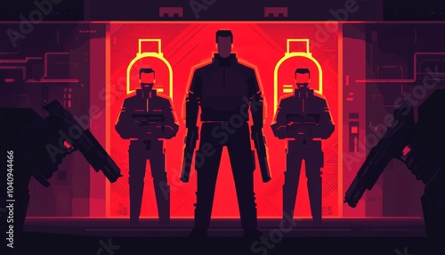 Dark shadows of a futuristic underworld a triad of enforcers ready for action in a neon-bathed cityscape photo