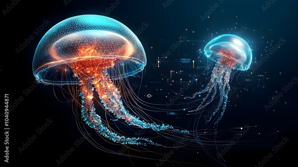 Stylized jellyfish with flowing tentacles made of glowing mesh lines in a captivating array of vibrant aquatic colors creating a mesmerizing and ethereal underwater scene Stylized jellyfish with flowing tentacles made of glowing mesh lines in a captivating array of vibrant aquatic colors creating a mesmerizing and ethereal underwater scene