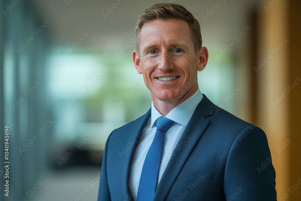 Portrait of a smiling Caucasian businessman in a blue suit and tie, standing confidently in a professional setting Portrait of a smiling Caucasian businessman in a blue suit and tie, standing confidently in a professional setting
